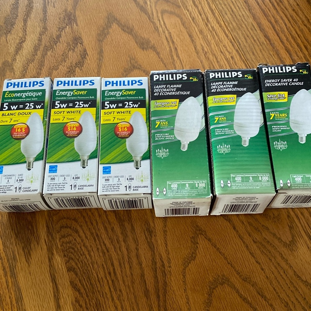 Phillips Chandelier Fluorescent bulbs. 3 of each. You are buying all 6